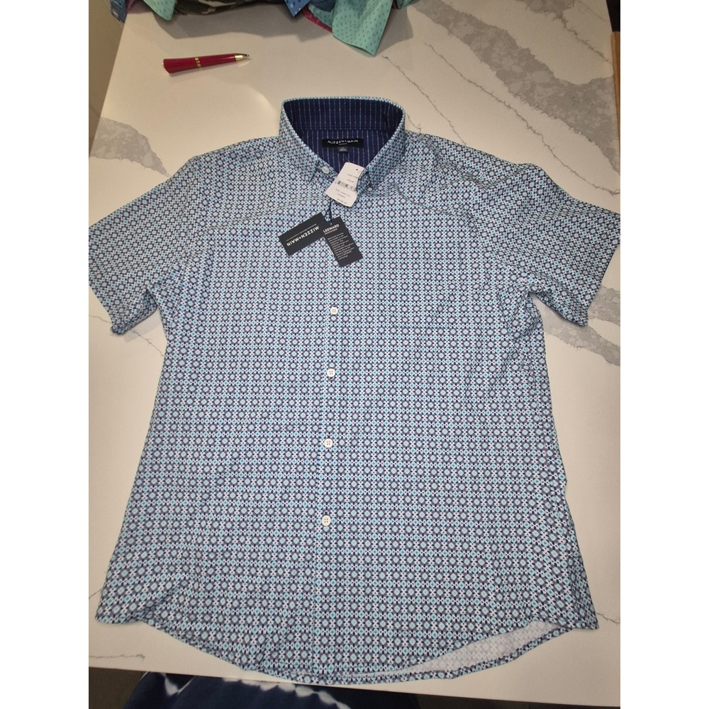 Mizzen+Main Leeward Performance Shirt Mens Large Trim Aqua Geometric SS 1WS-0559